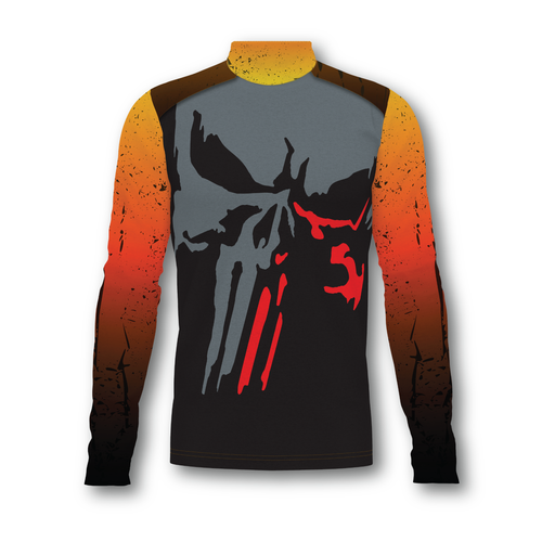 Flow Flex Top F016 performance marching band top with long sleeves and high neck, featuring a bold skull graphic on a dark base with orange, yellow, and black gradient sleeves for a powerful modern uniform look