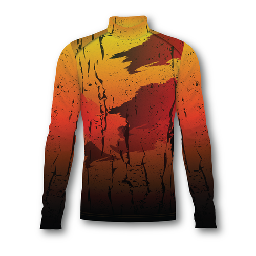 Flow Flex Top F016 performance marching band top with long sleeves and high neck, featuring an abstract orange, yellow, red, and black distressed graphic design for modern band uniforms