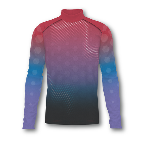 Flow Flex Top F017 long-sleeve performance top with mock neck, featuring a red-to-blue gradient design and geometric pattern, designed for athletic and marching band performance wear
