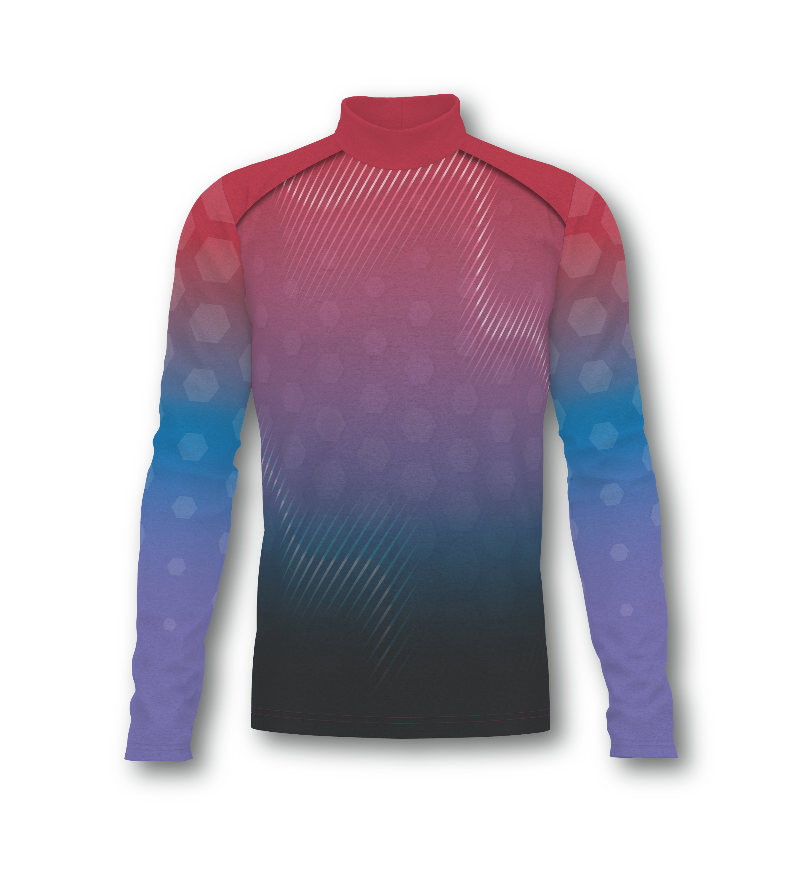 Flow Flex Top F017 long-sleeve performance top with mock neck, featuring a red-to-blue gradient design and geometric pattern, designed for athletic and marching band performance wear