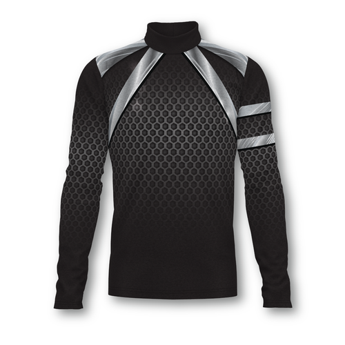 Flow Flex Top F018 black long sleeve performance top with hex pattern fabric, high neck design, and athletic fit for training and active wear