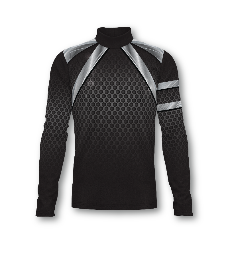 Flow Flex Top F018 black long sleeve performance top with hex pattern fabric, high neck design, and athletic fit for training and active wear