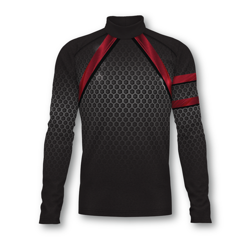 Flow Flex Top F019 long sleeve performance top in black with red accent panels, honeycomb texture fabric, mock neck design, and athletic fit for marching band or performance wear