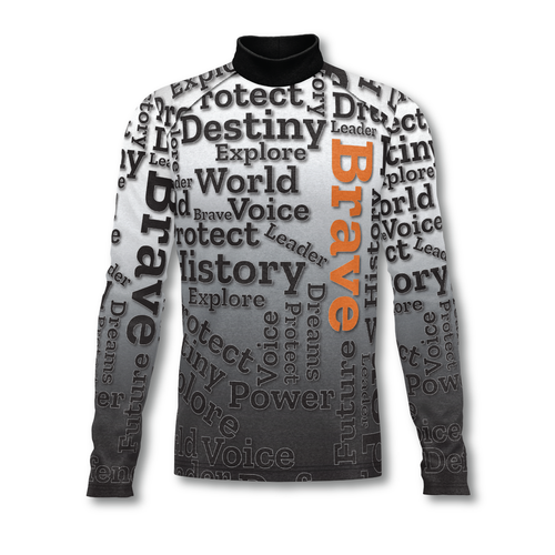 Flow Flex Top F001 performance marching band top featuring bold typographic graphic design with long sleeves, mock neck collar, and athletic fit for marching band uniforms