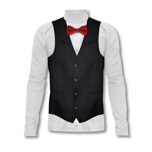 Flow Flex Top F003 formal performance uniform top featuring tuxedo-style black vest print with white long sleeves and red bow tie design