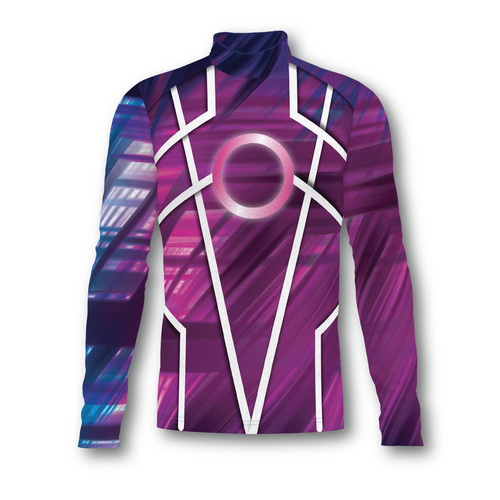 Flow Flex Top F012 performance compression top featuring a purple and magenta abstract design with white contour lines and high-neck athletic fit