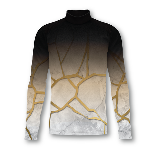 Flow Flex Top F020 long-sleeve performance top with mock neck, featuring a black-to-stone gradient design and gold abstract crack pattern on the front and sleeves, shown on a clean white background
