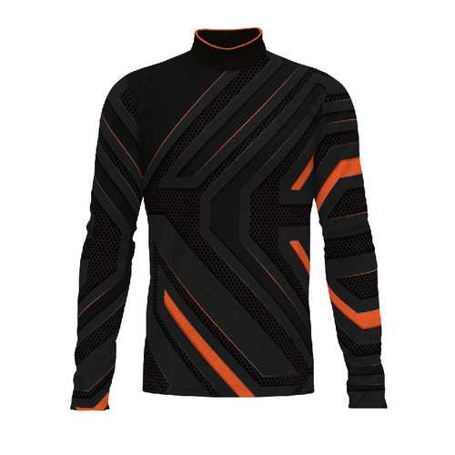 Flow Flex Top FG034 black and orange long-sleeve performance top with geometric design for marching band and athletic wear