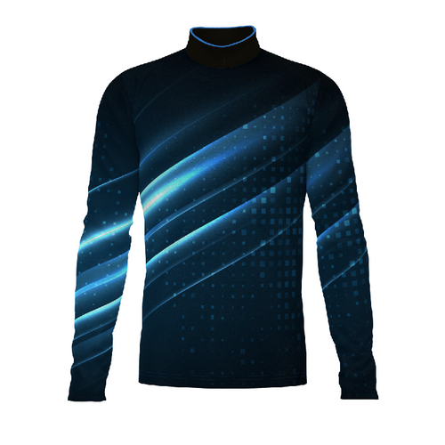 Flow Flex Top FG035 by G2 Performance featuring a dark navy and blue digital wave design, long-sleeve compression fit marching band performance top
