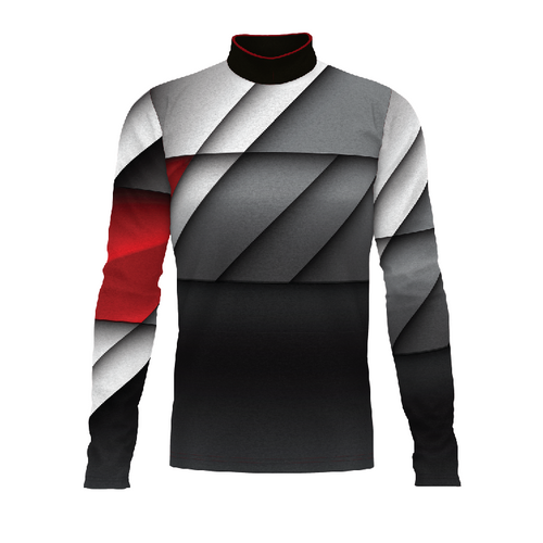 Marching Band Flow Flex Performance Top FG038 featuring geometric grey, black, and red panel design with long sleeves