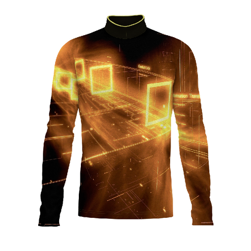 Marching Band Flow Flex Performance Top FG040 featuring a futuristic gold digital graphic design with long sleeves