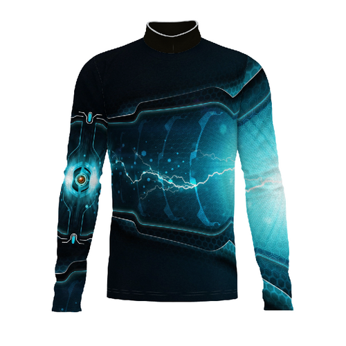 Marching Band Flow Flex Performance Top FG041 featuring a futuristic blue digital design with lightning accents and long sleeves