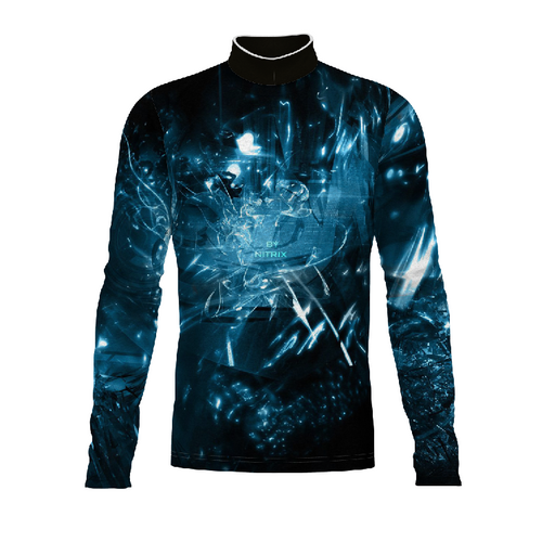 Marching Band Flow Flex Performance Top FG043 featuring an abstract blue energy design on a long-sleeve performance uniform top