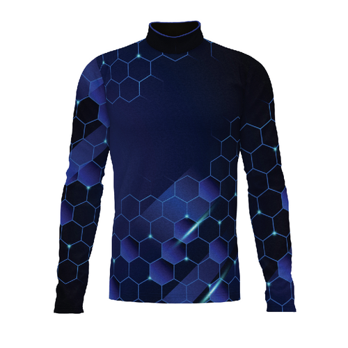 Marching Band Flow Flex Performance Top FG044 with blue hexagonal geometric pattern and long-sleeve athletic design
