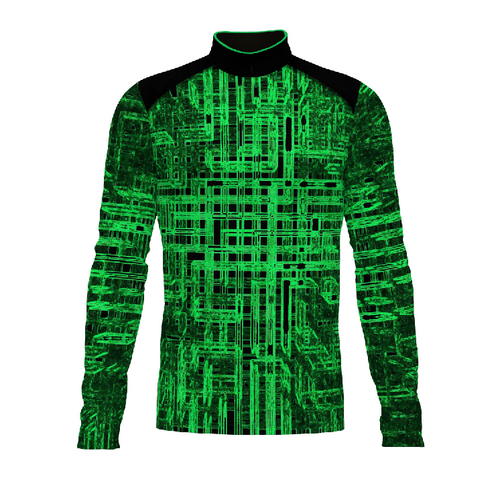 Marching Band Flow Flex Performance Top FG046 in green with long sleeves and abstract circuit-style pattern