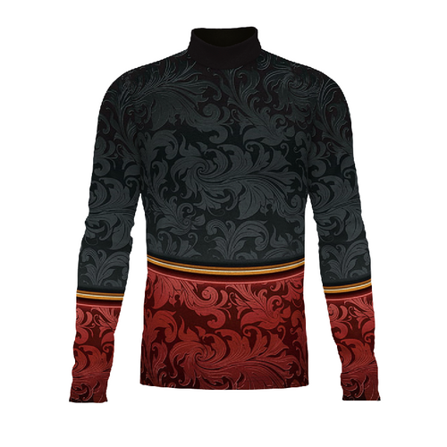 Marching Band Flow Flex Performance Top FG047 with black and red patterned design, long sleeves, and high-performance stretch fabric