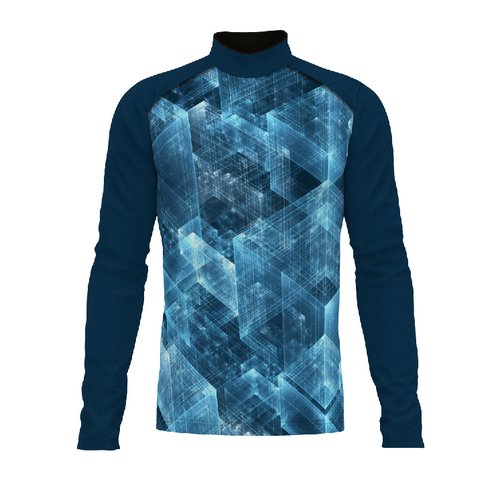 Marching Band Flow Flex Performance Top FG049 featuring a blue geometric pattern with long sleeves and a high-performance athletic fit