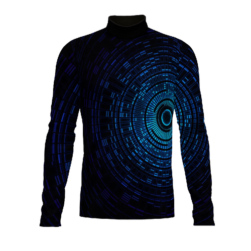 Marching Band Flow Flex Performance Top FG053 featuring a blue circular digital pattern on a long-sleeve performance uniform top