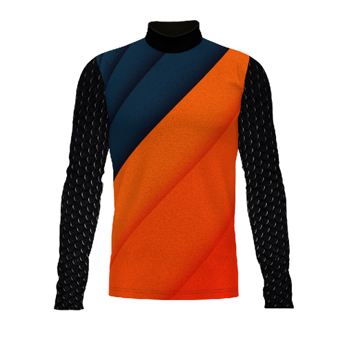 Marching Band Flow Flex Performance Top FG055 featuring bold orange and navy diagonal design with black textured sleeves