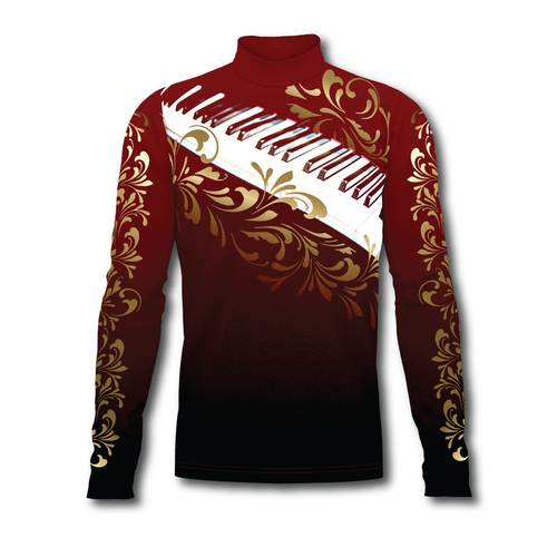Flow Flex Top 004 marching band performance top featuring long sleeves, high-neck design, and ornate graphic pattern for custom uniform styling