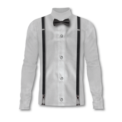Flow Flex Top 007 marching band performance top with tuxedo-inspired design, long sleeves, and flexible stretch fabric for custom uniform styling