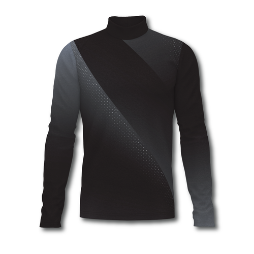 Flow Flex Top 009 marching band performance top featuring a black and charcoal diagonal panel design with long sleeves and a high mock neck