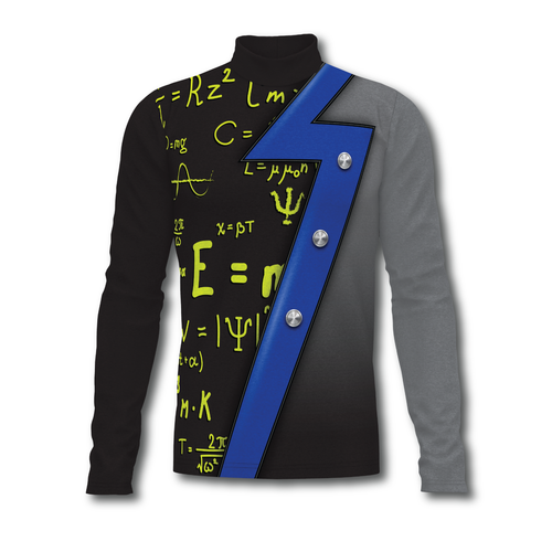 Flow Flex Top 008 marching band performance top with science-themed graphic design, long sleeves, and high-neck construction for custom uniform styling