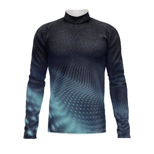 Marching Band Flow Flex Performance Top G076 featuring a high-neck design and long sleeves, shown in a dark gradient pattern with textured detailing, designed for flexible movement, comfort, and professional marching band performance uniforms.