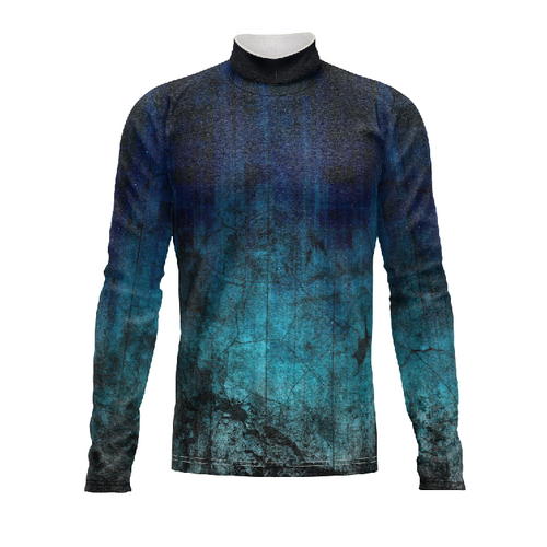 Marching Band Flow Flex Performance Top G077 featuring a long-sleeve, high-collar design with a blue-to-teal textured gradient finish, engineered for flexibility, comfort, and performance during marching band rehearsals and field performances.