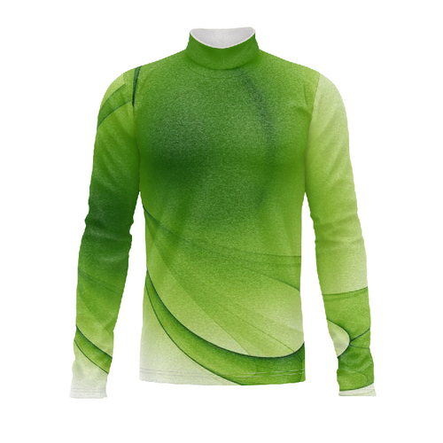 Marching Band Flow Flex Performance Top G078 in green gradient design, long-sleeve athletic marching band uniform top with mock neck, lightweight stretch fabric, and ergonomic fit for high-performance field movement.