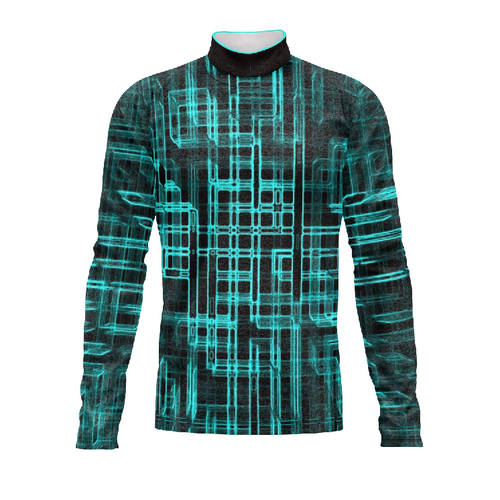 Marching Band Flow Flex Performance Top G079 with high-neck collar and long sleeves, featuring a teal geometric grid pattern on black fabric, designed for flexible, breathable marching band and color guard performance uniforms.