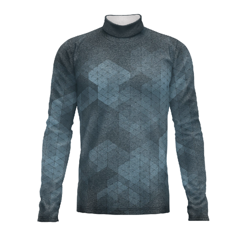 Marching Band Flow Flex Performance Top G080 featuring a long-sleeve, high-collar design with a geometric grey and slate pattern, engineered for flexibility, comfort, and professional marching band performance.