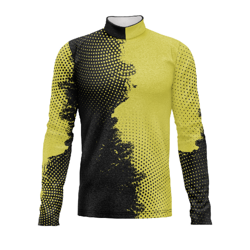 Marching Band Flow Flex Performance Top G081 featuring a yellow and black geometric halftone design with long sleeves and a mock neck collar, engineered for marching band uniforms with lightweight stretch fabric for performance, mobility, and visual impact.