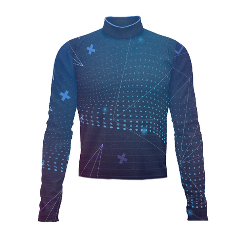 Front view of Marching Band Flow Flex Performance Top G061 featuring a modern blue geometric digital pattern with long sleeves and high collar, designed for marching band uniforms offering flexibility, breathability, and performance-ready comfort.