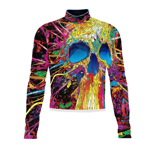 Marching Band Flow Flex Performance Top G062 featuring a bold, full-color abstract skull graphic with vibrant neon splatter design, long sleeves, and high mock collar, designed for modern marching band uniforms requiring maximum visual impact, stretch, and performance comfort.