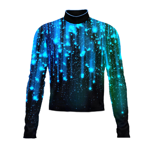 Marching Band Flow Flex Performance Top G063 featuring a blue and teal galaxy-inspired digital pattern, long sleeves, and a high-performance stretch fabric designed for marching band uniforms, color guard, and competitive performance wear.