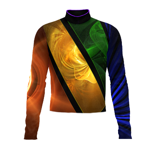 Marching Band Flow Flex Performance Top G064 featuring a high-neck, long-sleeve design with bold diagonal color blocking in gold, green, blue, and orange, engineered for flexibility, comfort, and visual impact during marching band performances.