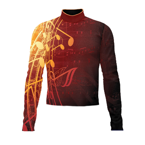 Marching Band Flow Flex Performance Top G065 featuring a red and gold musical-note graphic design, long-sleeve athletic uniform top with high collar, engineered for marching band performance, flexibility, and stage presence.
