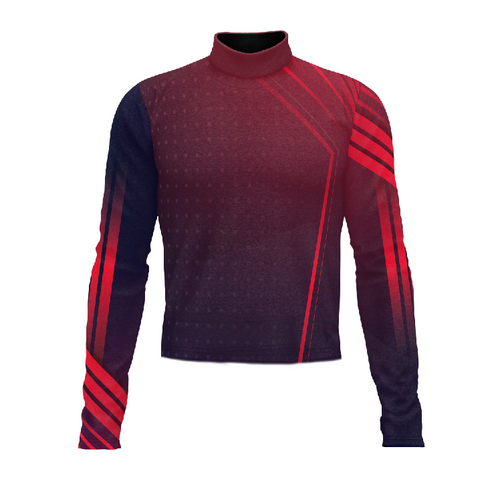 Marching Band Flow Flex Performance Top G066 featuring a modern red and navy gradient design with diagonal performance striping, long sleeves, and a high mock-neck collar, engineered for flexibility, comfort, and precision fit during marching band performances.
