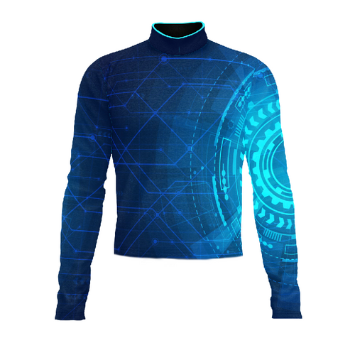 Marching Band Flow Flex Performance Top G067 by G2 Performance, featuring a modern blue tech-inspired graphic design with long sleeves and high mock collar, engineered for flexibility, comfort, and precision fit in marching band and performance uniforms.