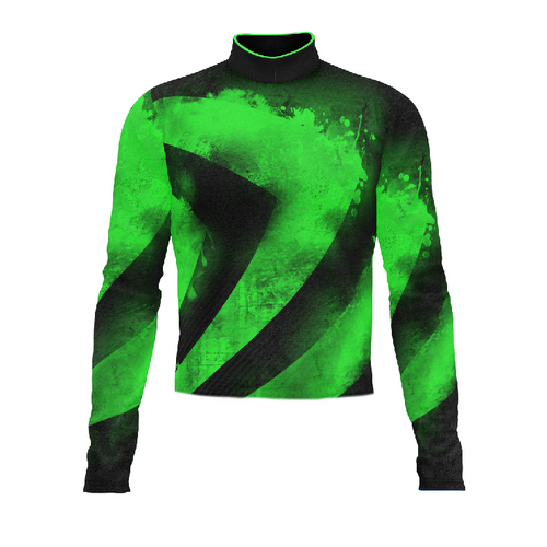Marching Band Flow Flex Performance Top G068 featuring a bold green and black abstract swirl design, long-sleeve performance uniform with high collar, engineered for flexibility, breathability, and precision fit during marching band performances.