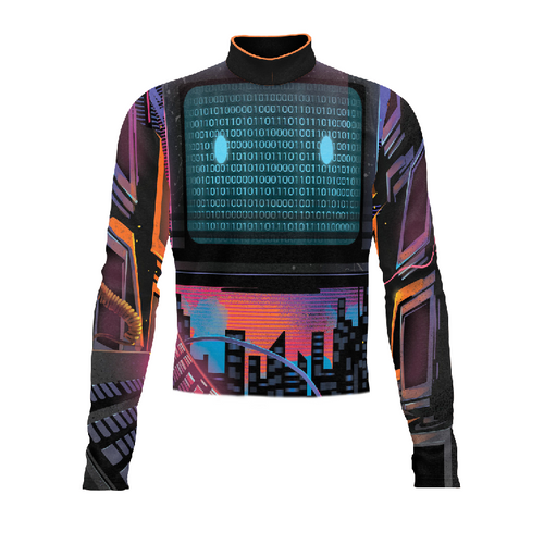 Marching Band Flow Flex Performance Top G069 featuring a futuristic digital circuit and cityscape design, long-sleeve compression uniform with high mock collar, engineered for flexibility, breathability, and high-performance marching band use.