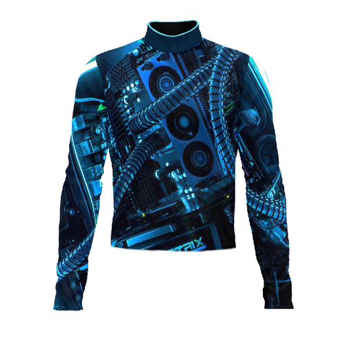 Marching Band Flow Flex Performance Top G070 featuring a futuristic blue and black digital circuit design, long sleeves, high-performance stretch fabric, and a sleek athletic fit designed for marching band and drum corps performers.