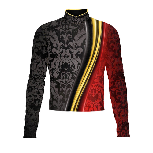 Marching Band Flow Flex Performance Top G071 featuring an elegant black and deep red damask pattern with a gold diagonal accent, long sleeves, and a high-performance stretch fit designed for marching band and drum corps uniforms.