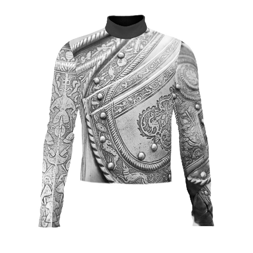 Marching Band Flow Flex Performance Top G072 featuring a high-collar, long-sleeve design with an intricate grayscale ornamental pattern inspired by metallic armor detailing, engineered for flexibility, comfort, and visual impact in competitive marching band performances.