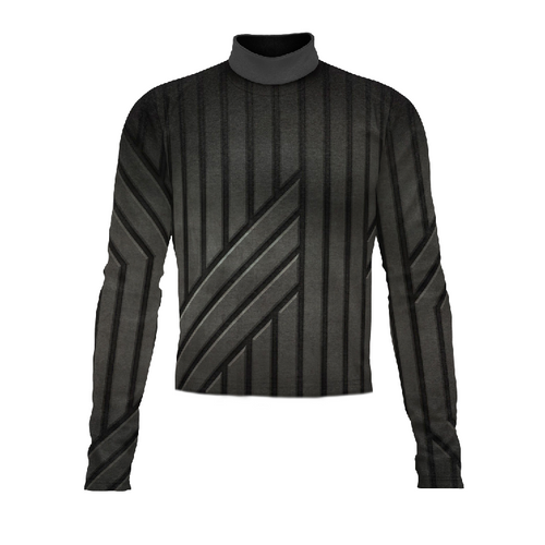 Marching Band Flow Flex Performance Top G073 in black, featuring a modern vertical stripe design with angled geometric paneling, long sleeves, and a high mock collar, designed for flexibility, comfort, and precision fit for marching band and performance uniforms.