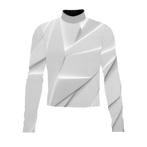 Marching Band Flow Flex Performance Top G074 featuring a modern white and silver abstract geometric design with long sleeves and a high collar, engineered for flexibility, comfort, and precision fit in marching band performances.