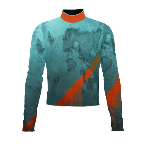 Marching Band Flow Flex Performance Top G075 shown in front view, featuring a teal textured design with diagonal orange accents and a high-performance mock neck, engineered for flexibility, durability, and modern marching band uniform aesthetics.