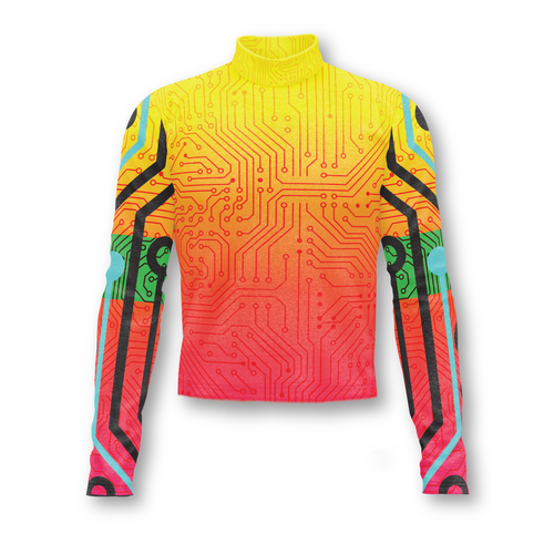 Flow Flex Top C003 performance marching band top featuring a high-neck design with vibrant yellow-to-red gradient and circuit-inspired graphic pattern, long sleeves, and athletic uniform fit