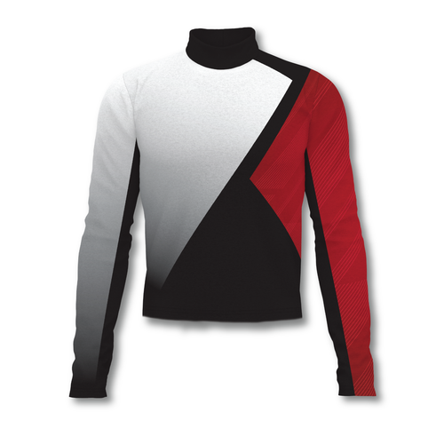 Flow Flex Top C005 performance long sleeve top with asymmetrical black, white, and red color-block design, athletic compression fit for marching band and performance uniforms